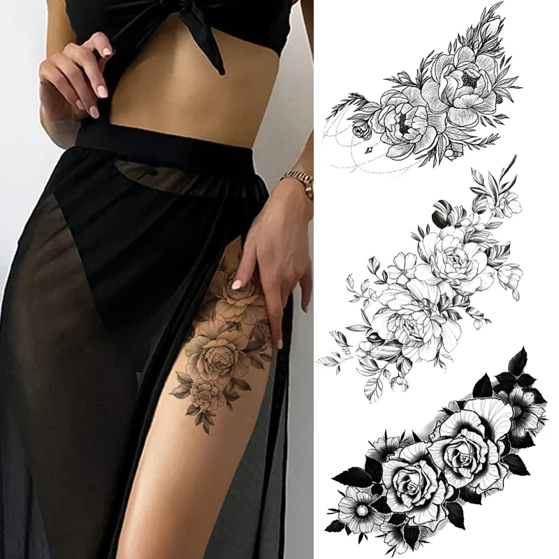 

Realistic Rose Tatoo Stickers Black Flower Butterfly Temporary Tattoos For Women Fake Tattoo Sticker Adults Face Body Art Tatoos