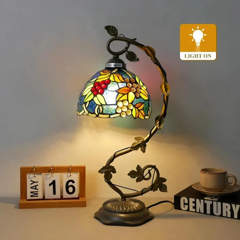 Table lamp blue grape floral style handmade stained glass desk retro reading lamp