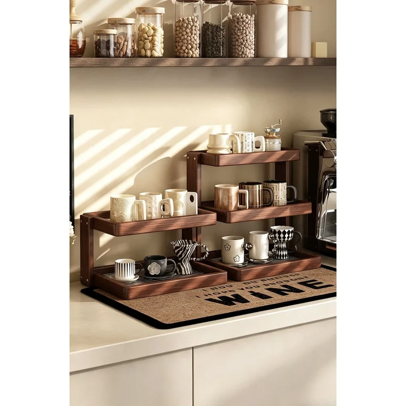 Three-Tier Wooden Coffee Cup Holder Desktop Multipurpose Storage Rack For Kitchen Cosmetics Small Spices