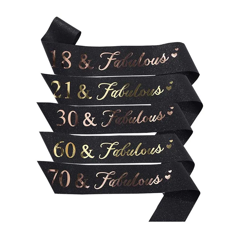 Black 18 21 30 40 50 60 70th and Fabulous Sash for Women Glitter Birthday Sashes Shoulder Girdle Lady Girl Birthday Decorations