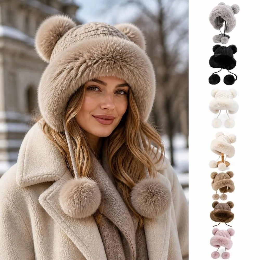 Korean Style Lined Bear Ear Knit Hat Thermal Insulation Fluffy Trapper Hat Windproof 4 Pom Poms Earflap Hat For Women
