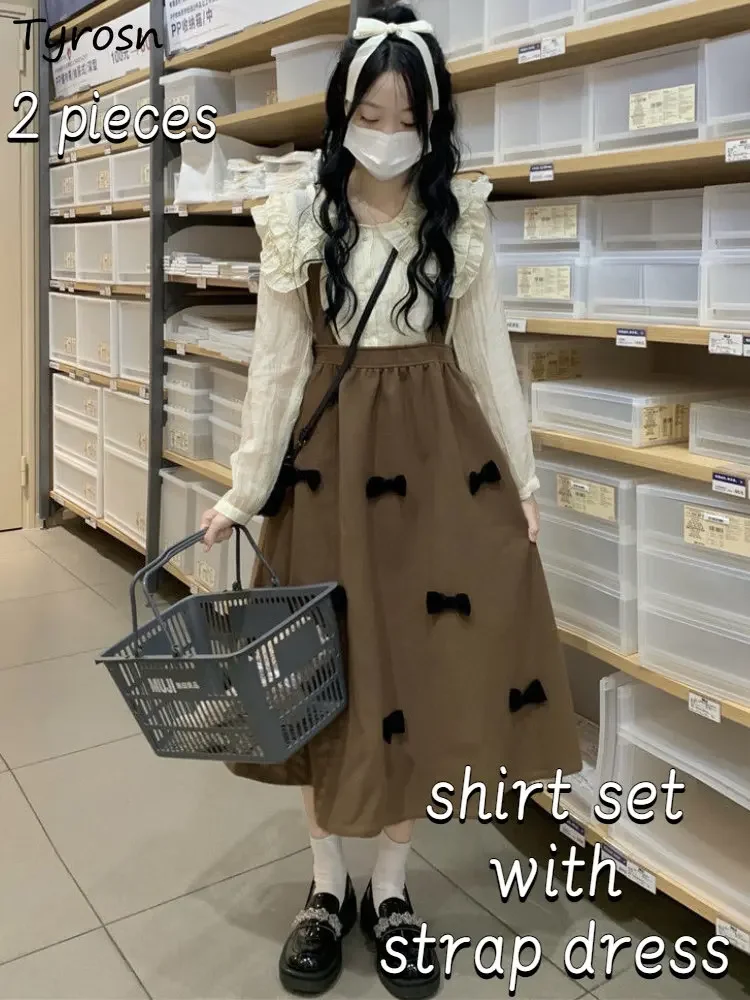 

Комплекты платьев на бретелях Женские милые ретро повседневные дизайнерские модные рубашки с воротником Питера Пэна 2 шт. Складки Ulzzang Лук Дамы Империя Весна