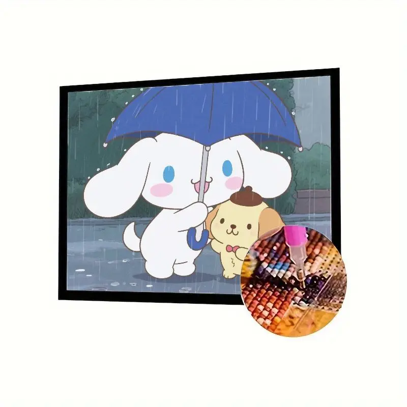 

1PC 5D DIY Diamond Painting Kit - Cute Sanrio Cinnamoroll & Pompompurin Under Blue Umbrella in Rain Full Drill Round Rhinestone