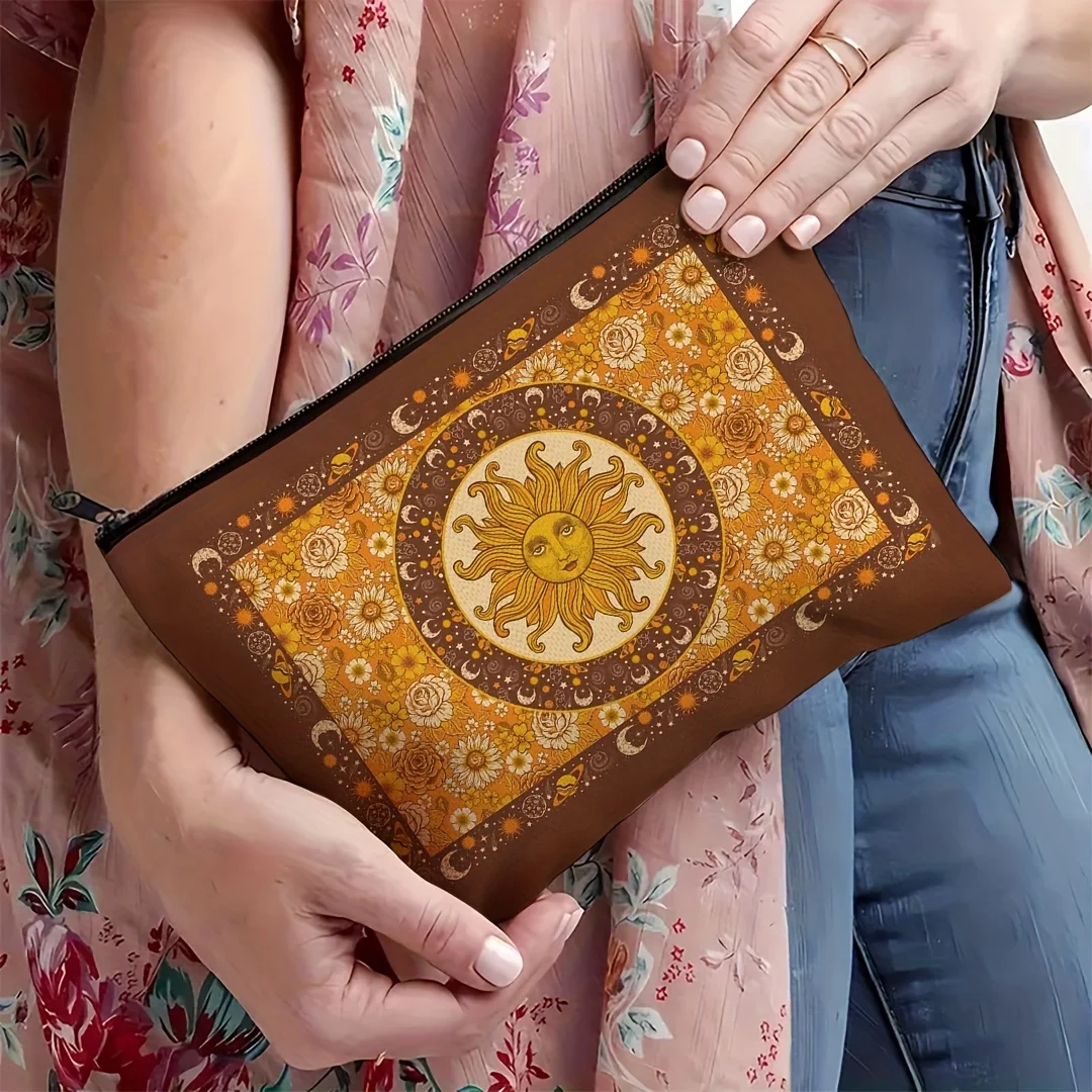 Bohemian Sun & Moon Makeup Bag - Hippie Flower Design, Perfect for Women, Teens, and Best Friends