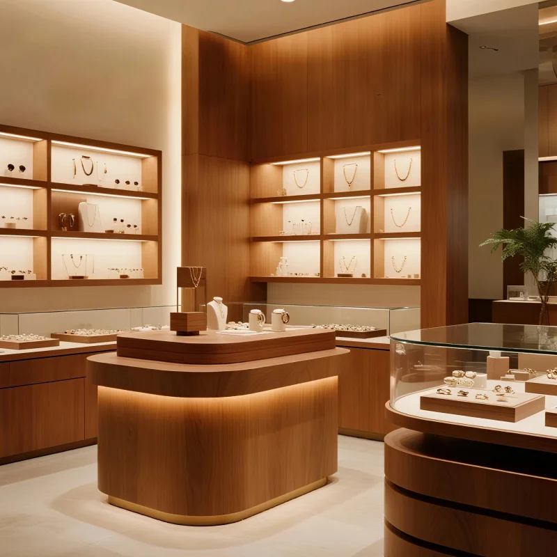 custom.Customizable LED Heavy Duty Brown Jewelry Display Cabinet with Modern Design Retail Stores and Exhibitions