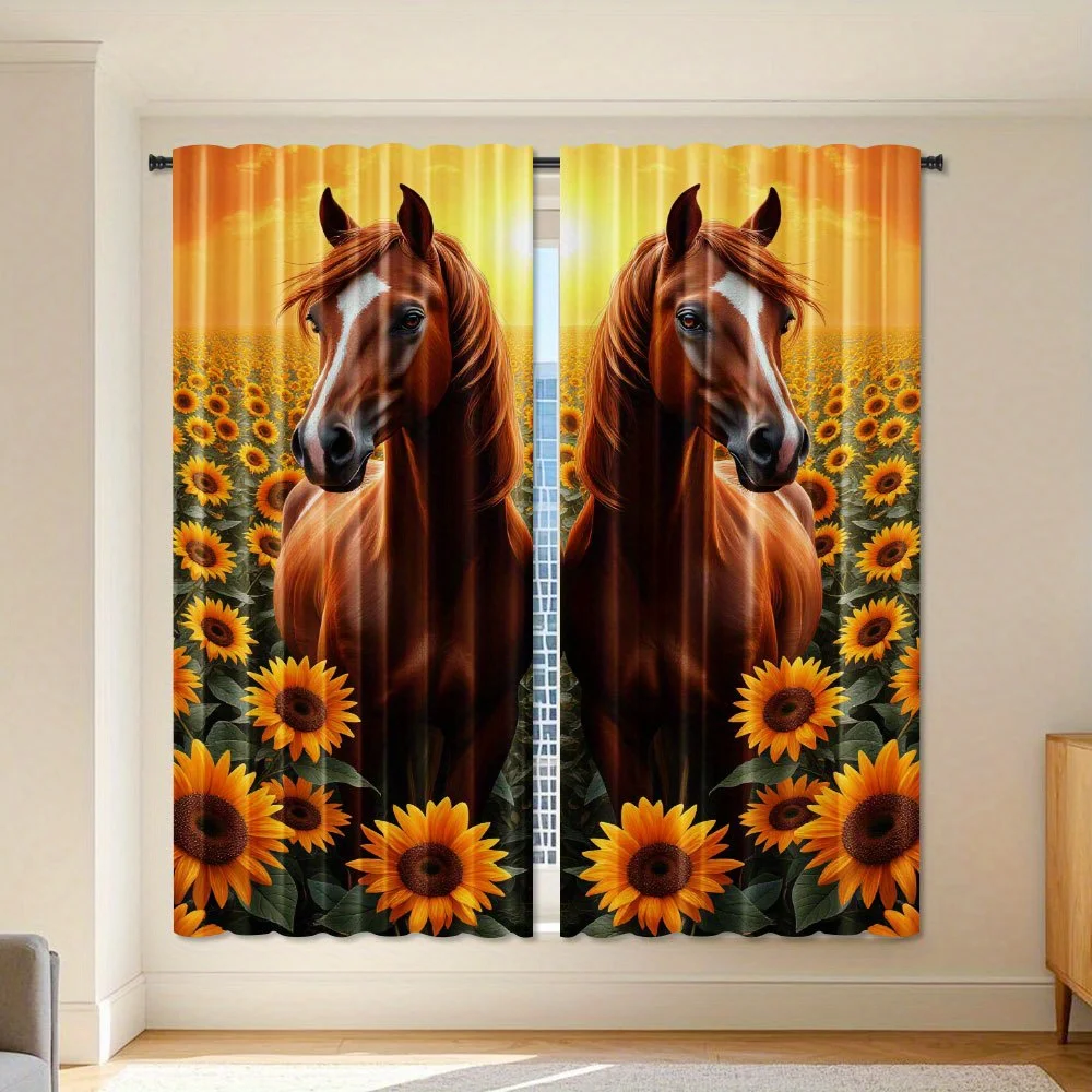 Vibrant Horse and Sunflower Print Curtains for Living Room Home Decor Sunlight Filter Window Drapes
