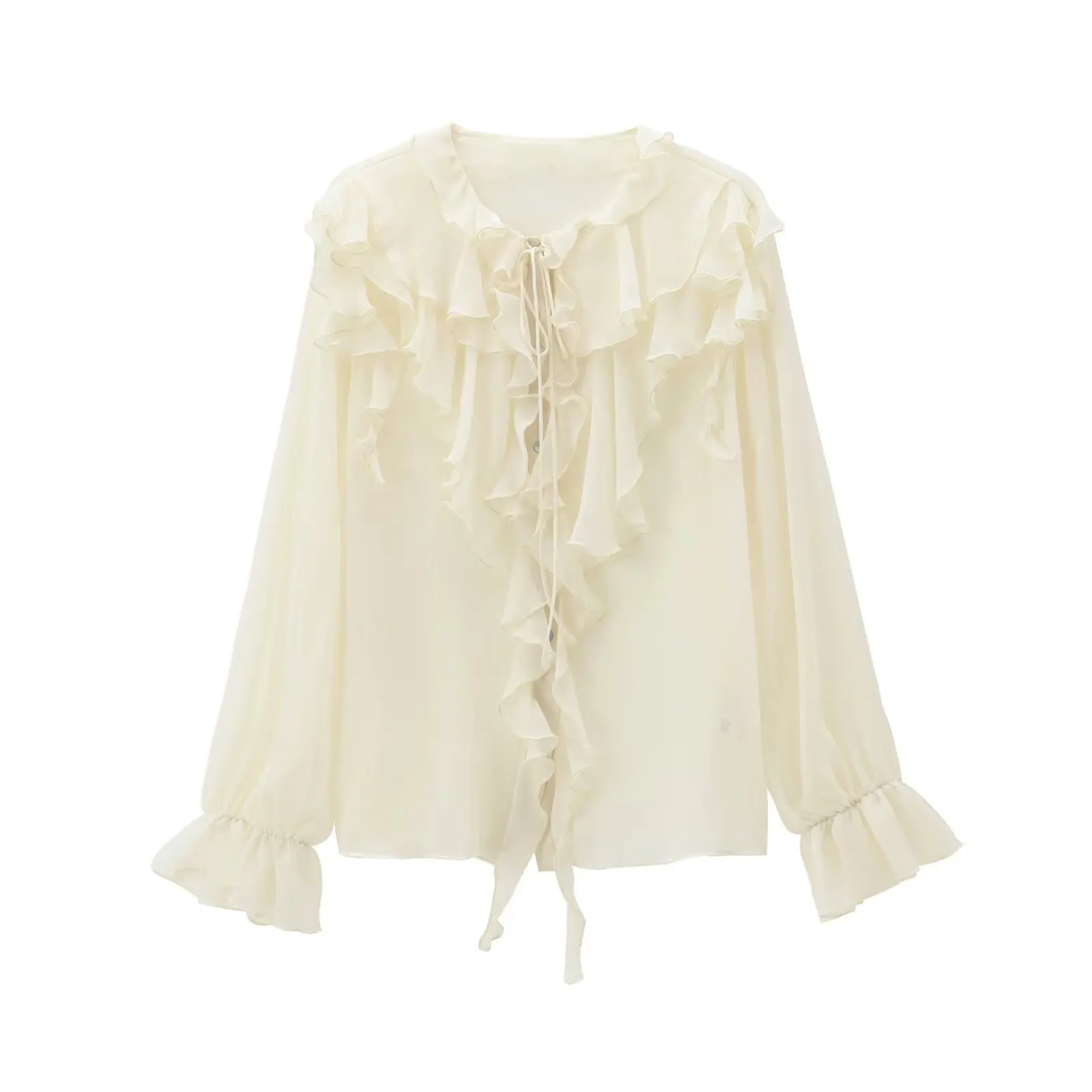 ETJ 2025  Spring New women's Sweet gentle fashion ruffled layered sexy translucent long-sleeved lace-up shirt