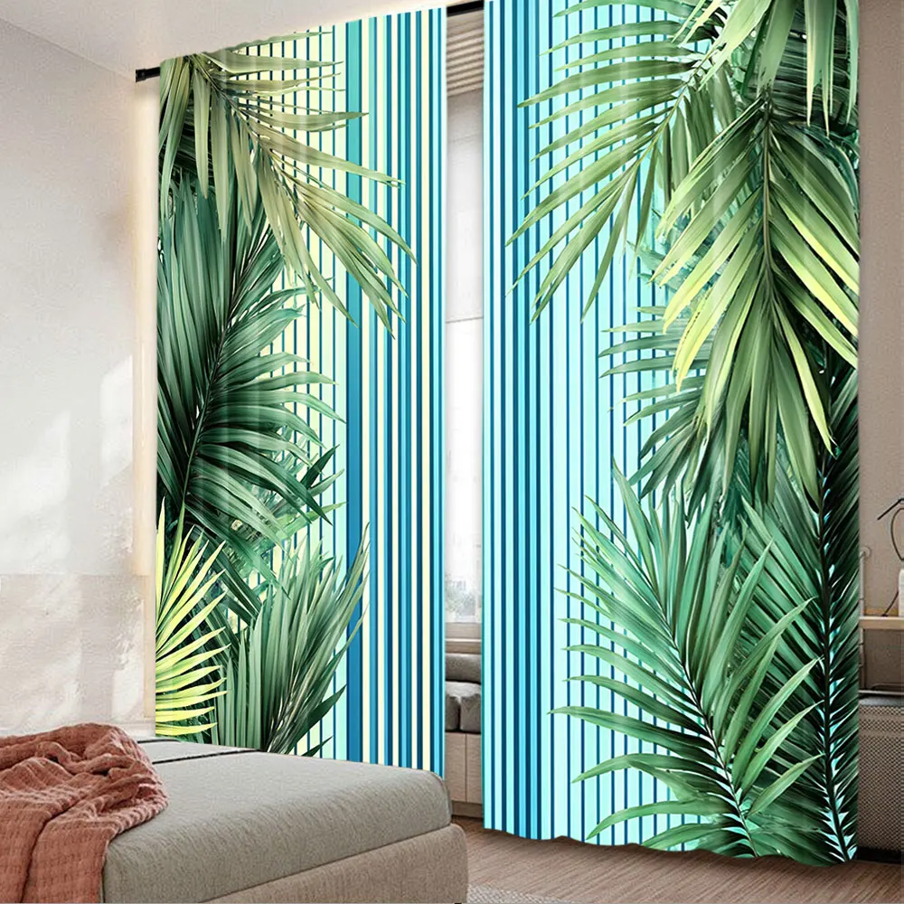 2Pcs Jungle Curtains Tropical Palm Leaves Like Feathers On Abstract Botanical Stripes For Bedroom Bathroom Living Room Dining