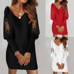 Winter White Lace Dress For Women's Casual V-Neck Patchwork Puff Long Sleeve Party Mini Dresses Women Fashion Elegant Vestidos