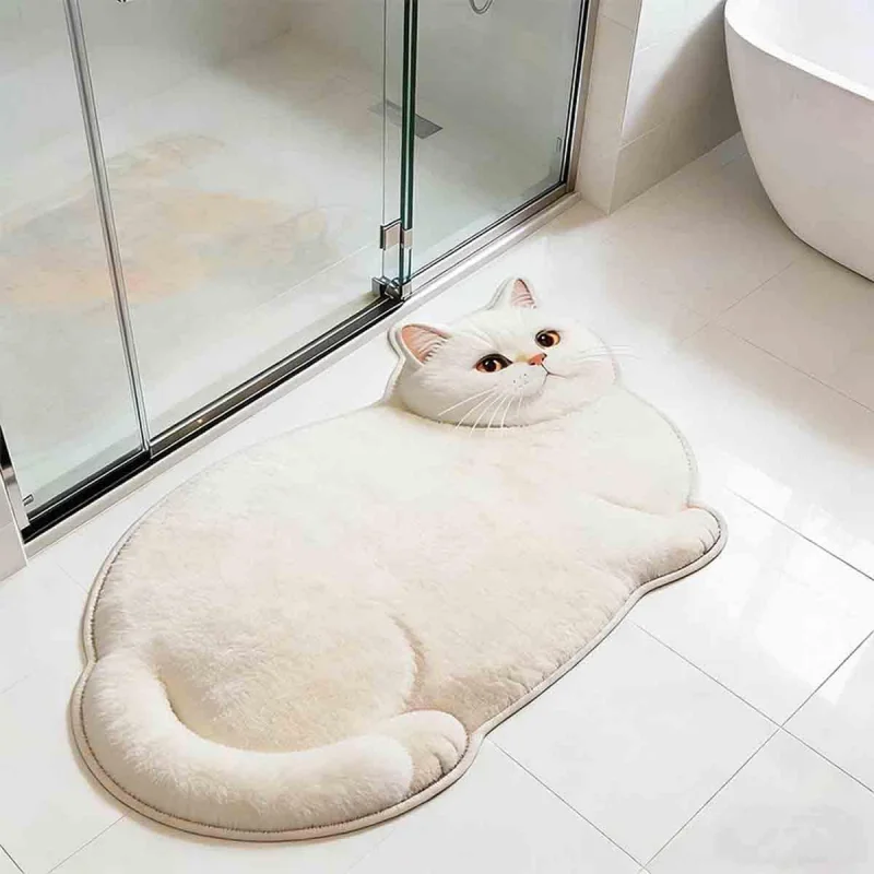 VIKAMA Realistic 3D Fluffy Fat Black Cat Shaped Bathroom Doormat Anti-slip Quick Water Absorbing Indoor Carpet Home Decoration view 2