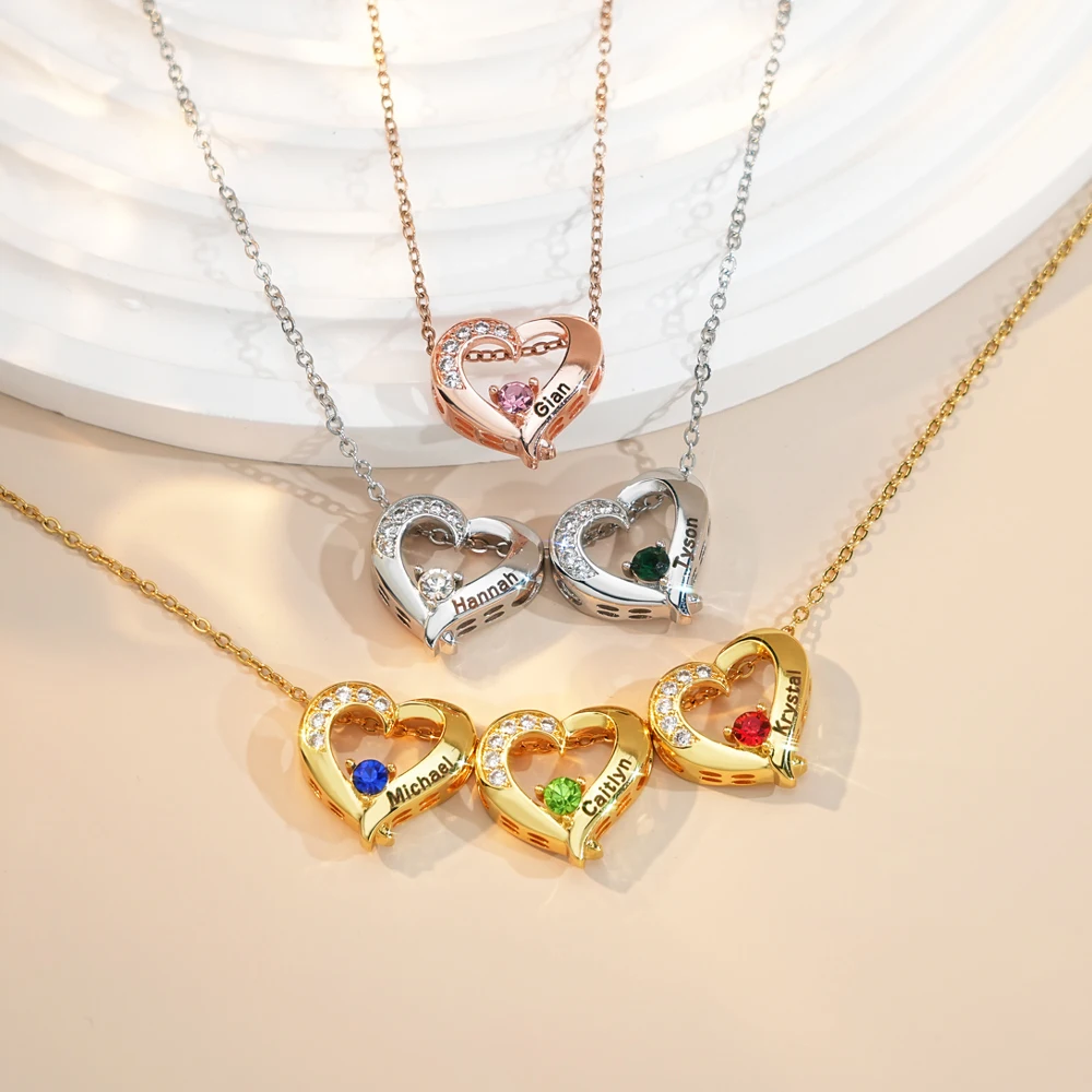

Custom Names Heart Pendant Necklace with Birth Stone Birth Stone Necklace Personalized Jewellry Gift Mother's Day Gift
