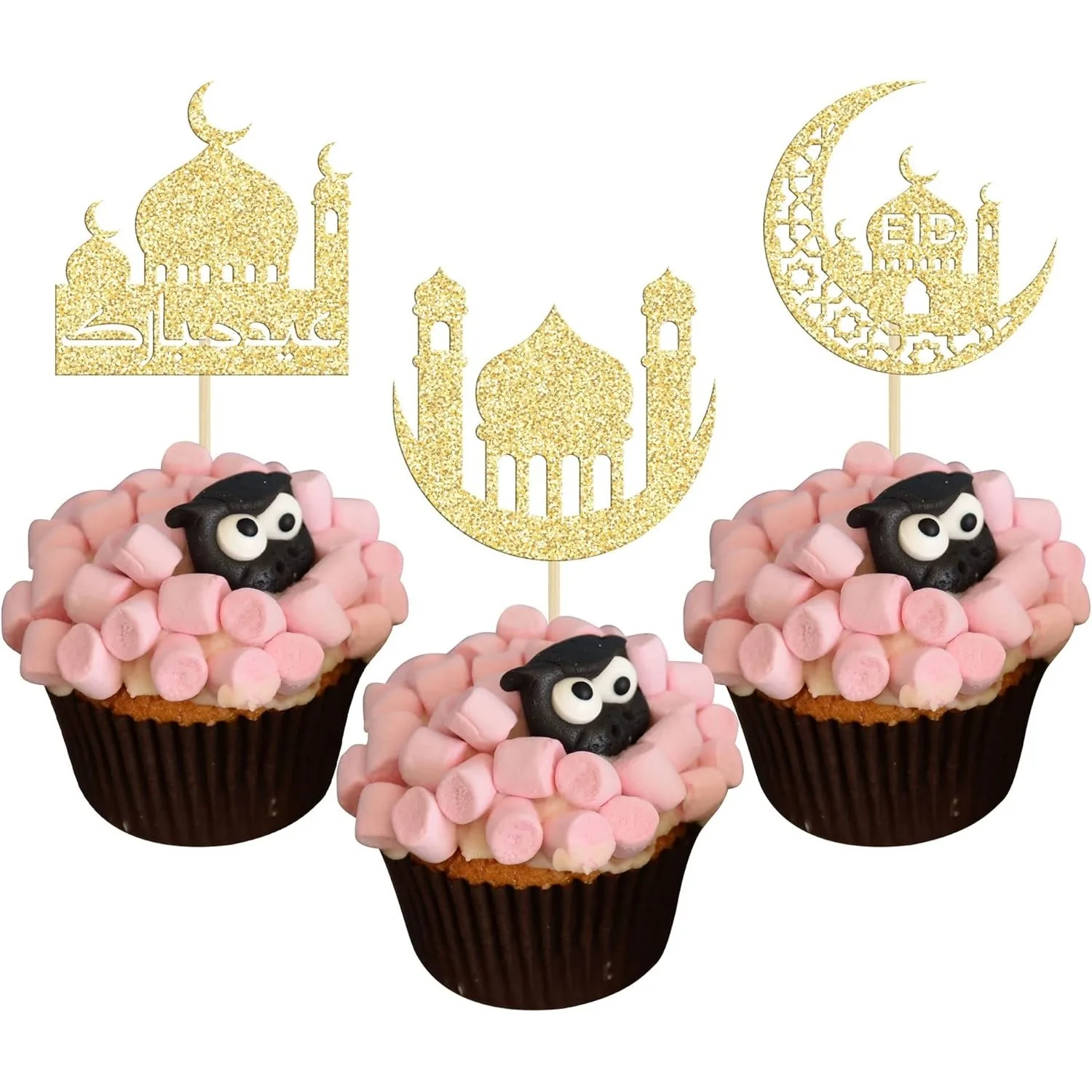24er-Pack glitzernde Stern-Mond-Cupcake-Pick Eid Mubarak Ramadan Kareem islamische muslimische Party-Kuchendekoration Gold