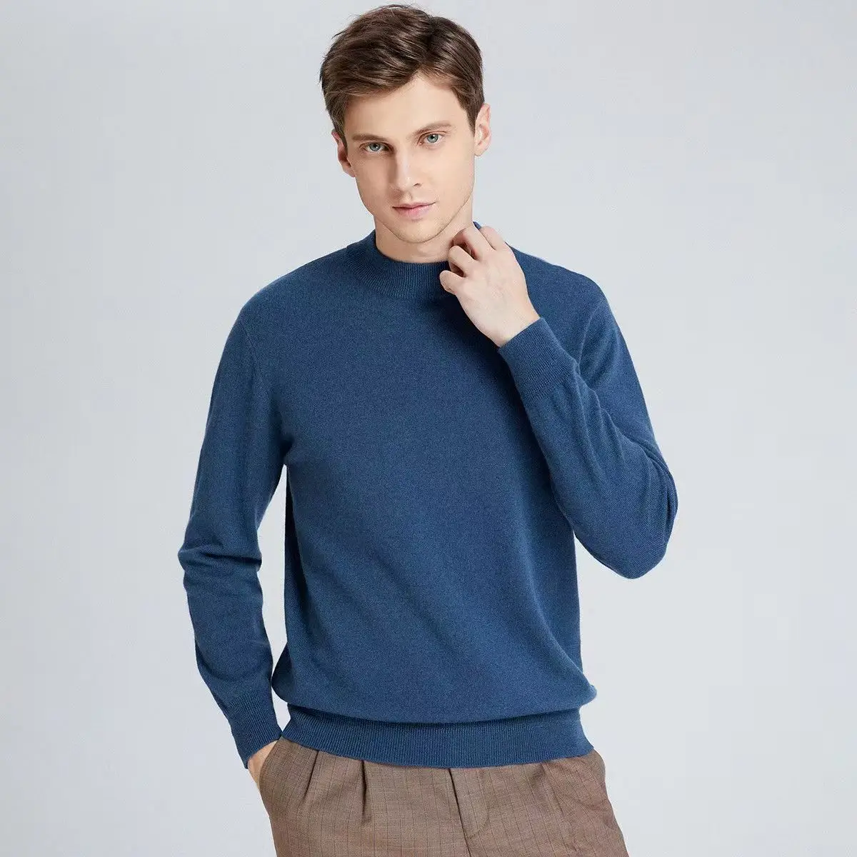 Autumn And Winter New 100% Wool Men's Semi-Turtle Sweater Neck Loose Pullover Knitted Bottoming Shirt Top