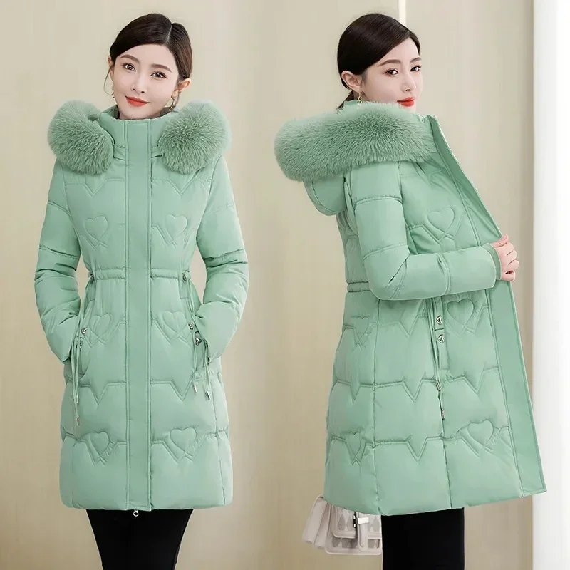 2024 New Winter Jacket Women Parka Fur Collar Hooded Thick Warm Long Female Coat Casual Outwear Down Cotton Jacket Parkas