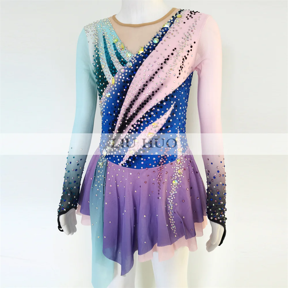 LIUHUO Ice Dance Figure Skating Dress Women Girl Teen Customize Costume Performance Competition Leotard Roller Gradient Blue Kid