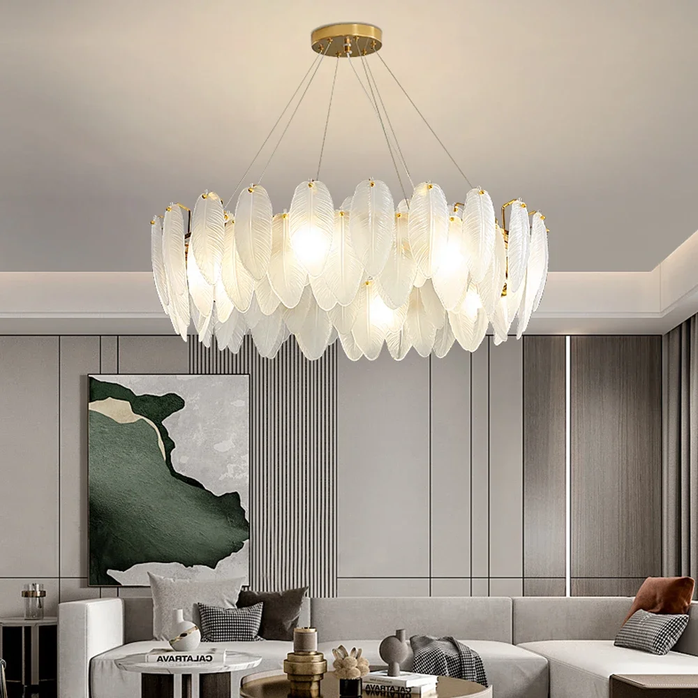 Feather Glass Crystal Modern LED Ceiling Chandeliers Living Dining Room Pendent Lamp Home Decor Hanging Light Luster Fixtures