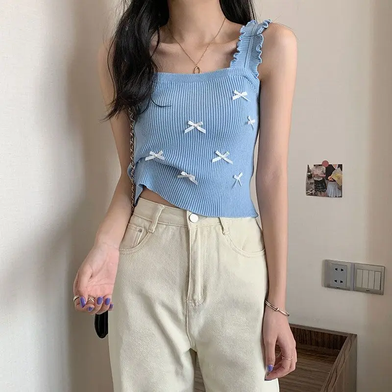 

Mushroom Edge Bow Knitted Tank Top for Women Summer 2025 Candy Color Elastic Inner Top