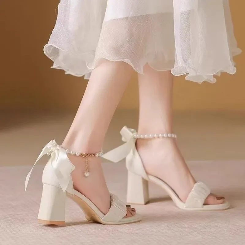 Women's Summer Sandals Fashion Casual Bow High Heels Fairy Wind Pearl High Heels Design Sense of Niche Chunky Sandals
