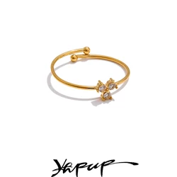 Yhpup Delicate Shiny Cubic Zirconia Flower Adjustable Thin Small Chic Ring Gold Color Platinum Plated Stainless Steel Jewelry