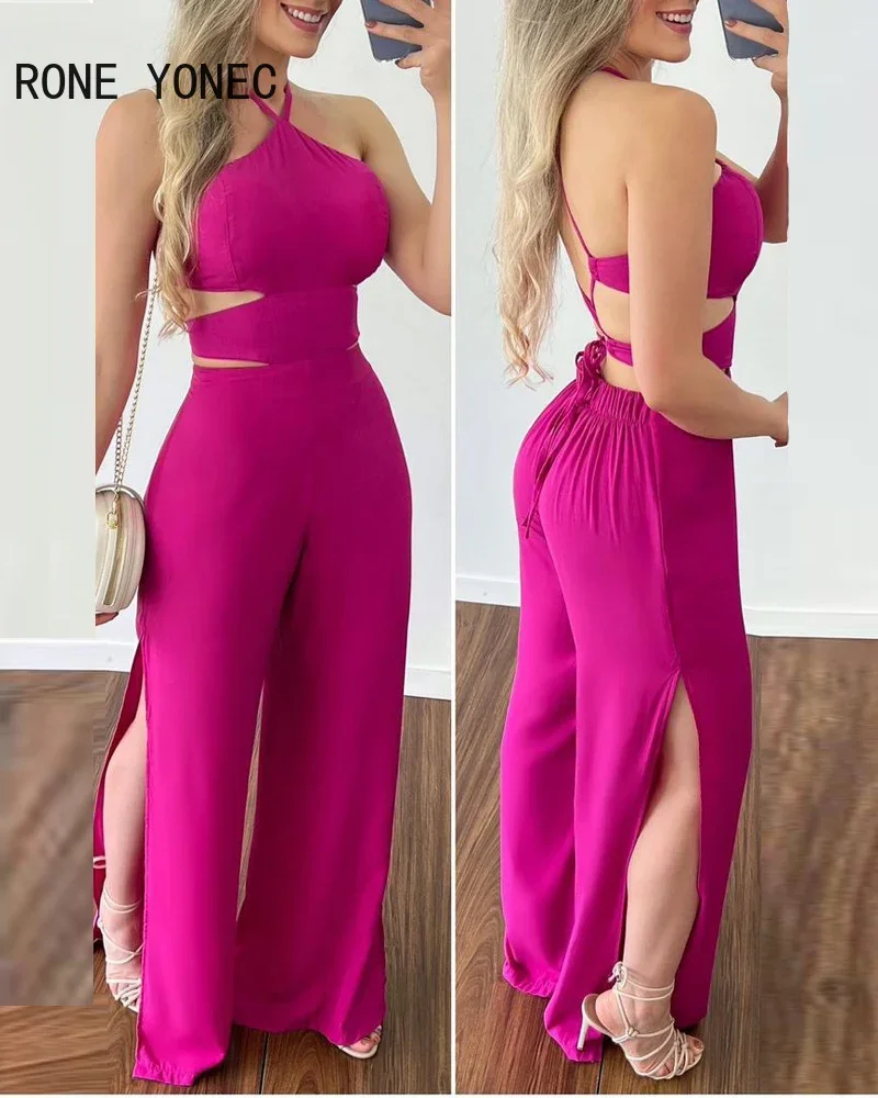 Women Solid Elegant Sexy Halter Cami Crop Top High Silt Elastic Waist Sexy Working Jumpsuit