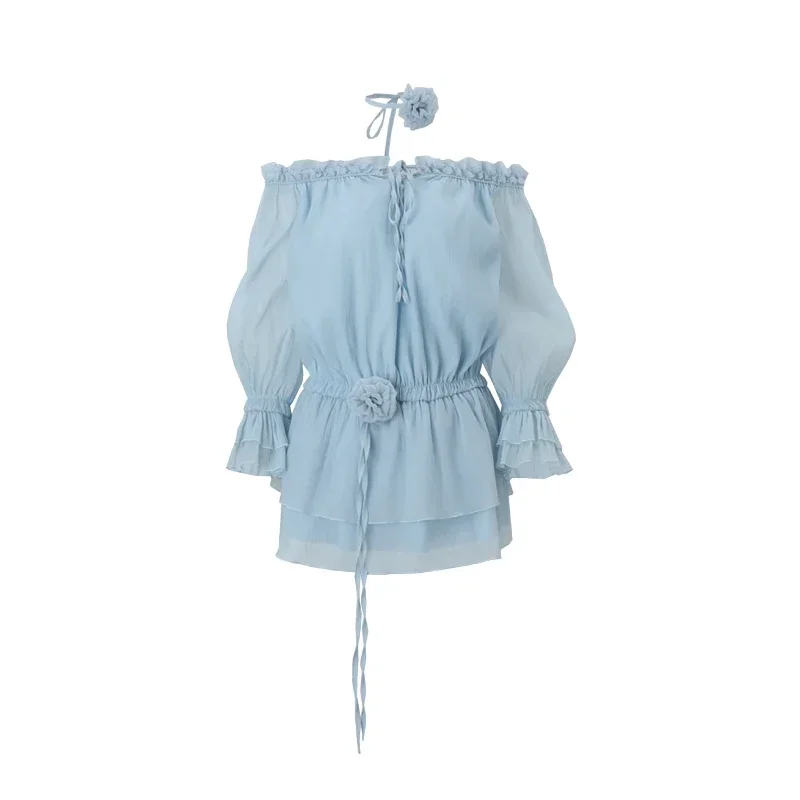 Mini abiti eleganti con volant in rete Manica trasparente Slash Neck Slim Flower Abito con lacci Casual Streetwear Abiti da donna