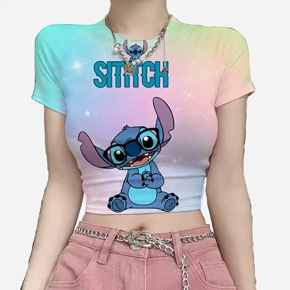 

Women Crop Tops Fun Printed Disney Stitch print Round Neck Short Sleeve Crop Top For Women Y2k Casual Fashion Summer T-Shirts ﻿