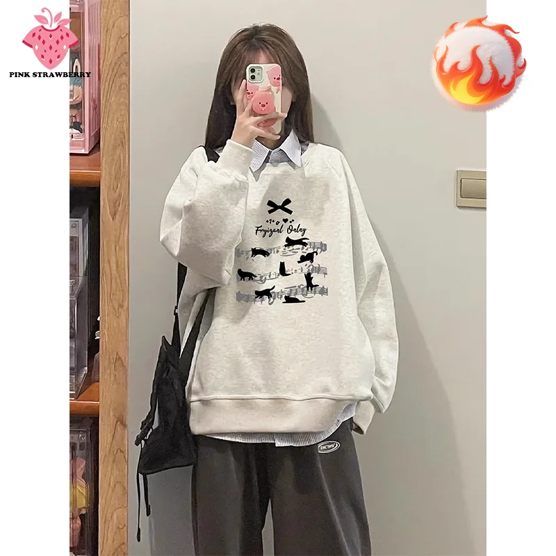 

Cute Black Cat Print Sweatshirt Women Autumn Winter 2025 New Oversize Long sleeves Loose Casual Pullover Y2K Tops kawaii clothes