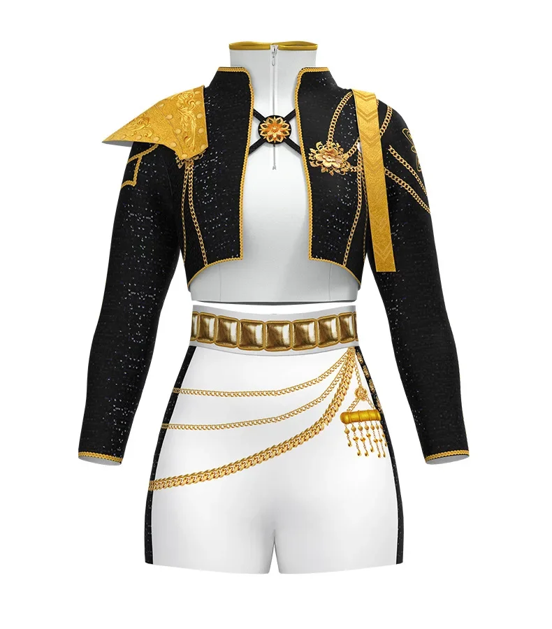 أزياء الفتيات رومي زوي ميرا التأثيرية KPop شيطان الصيادين التأثيرية للأطفال بدلة ذهبية سوداء للهالوين هنتركس لعب الأدوار