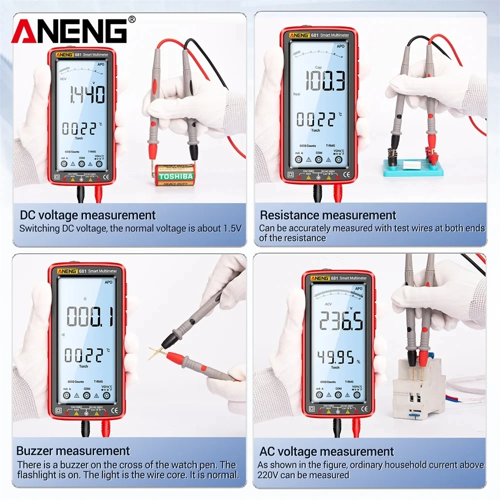 Aneng-recarregável Digital Multímetro Inteligente, Tensão sem contato, AC, DC Medidor de Tensão, Tela LCD, Tester atual, 681 Pro, 6000 Contagem