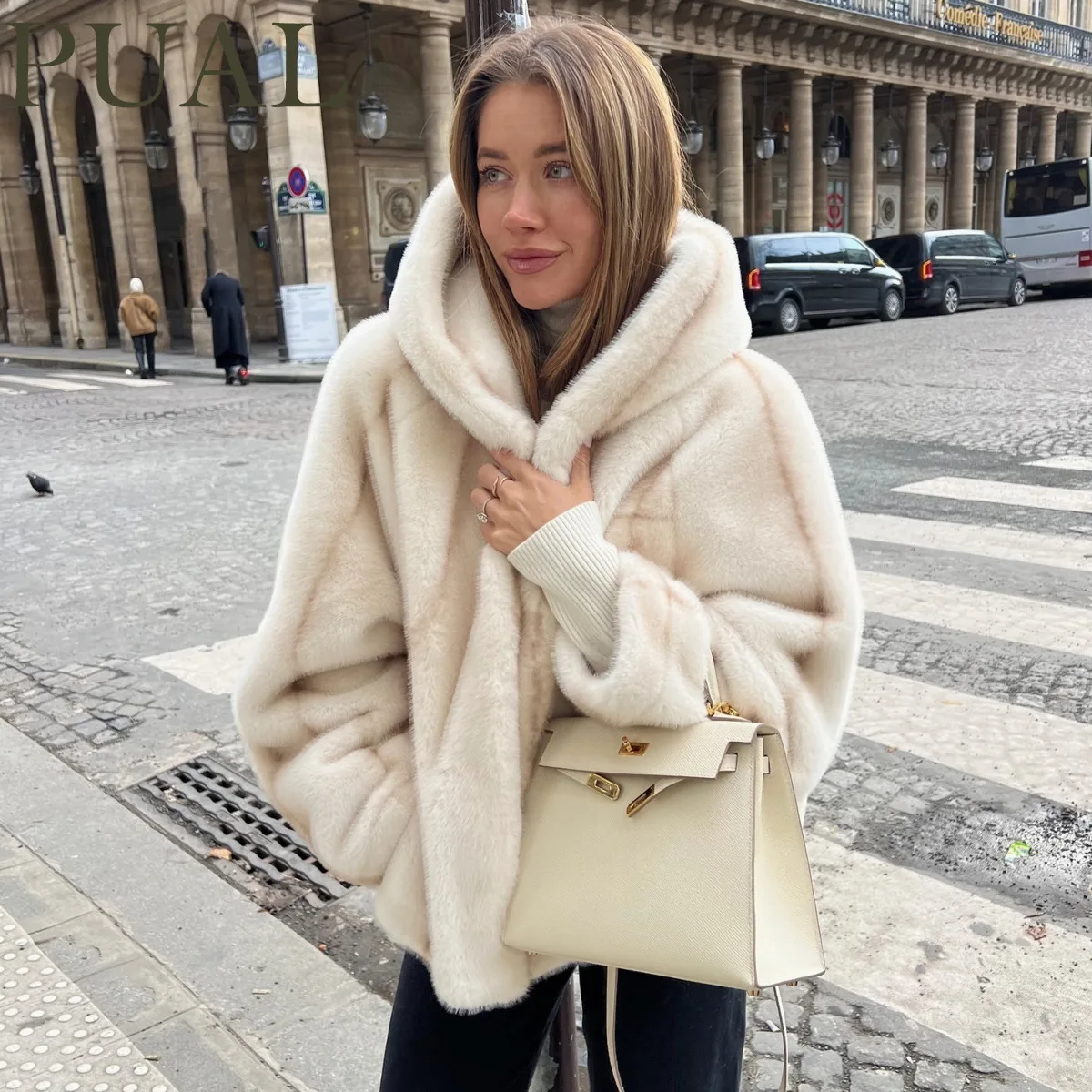 PUAL 2025 Новая зимняя женская шуба из искусственного меха в европейском и американском стиле — с капюшоном, облегающая и универсальная