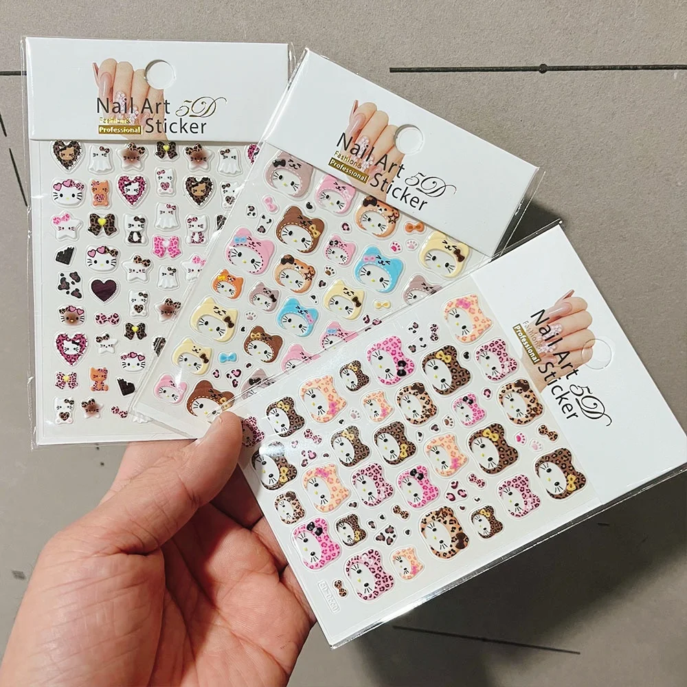 สติ๊กเกอร์ติดเล็บลายเสือดาว 5D ลายเฮลโลคิตตี้ 2/3 ชิ้น ลายโบว์หัวแมว ลายหัวใจ แบบมีกาวในตัว สำหรับตกแต่งเล็บ ลายผ้าพันคอ ลายหมวก