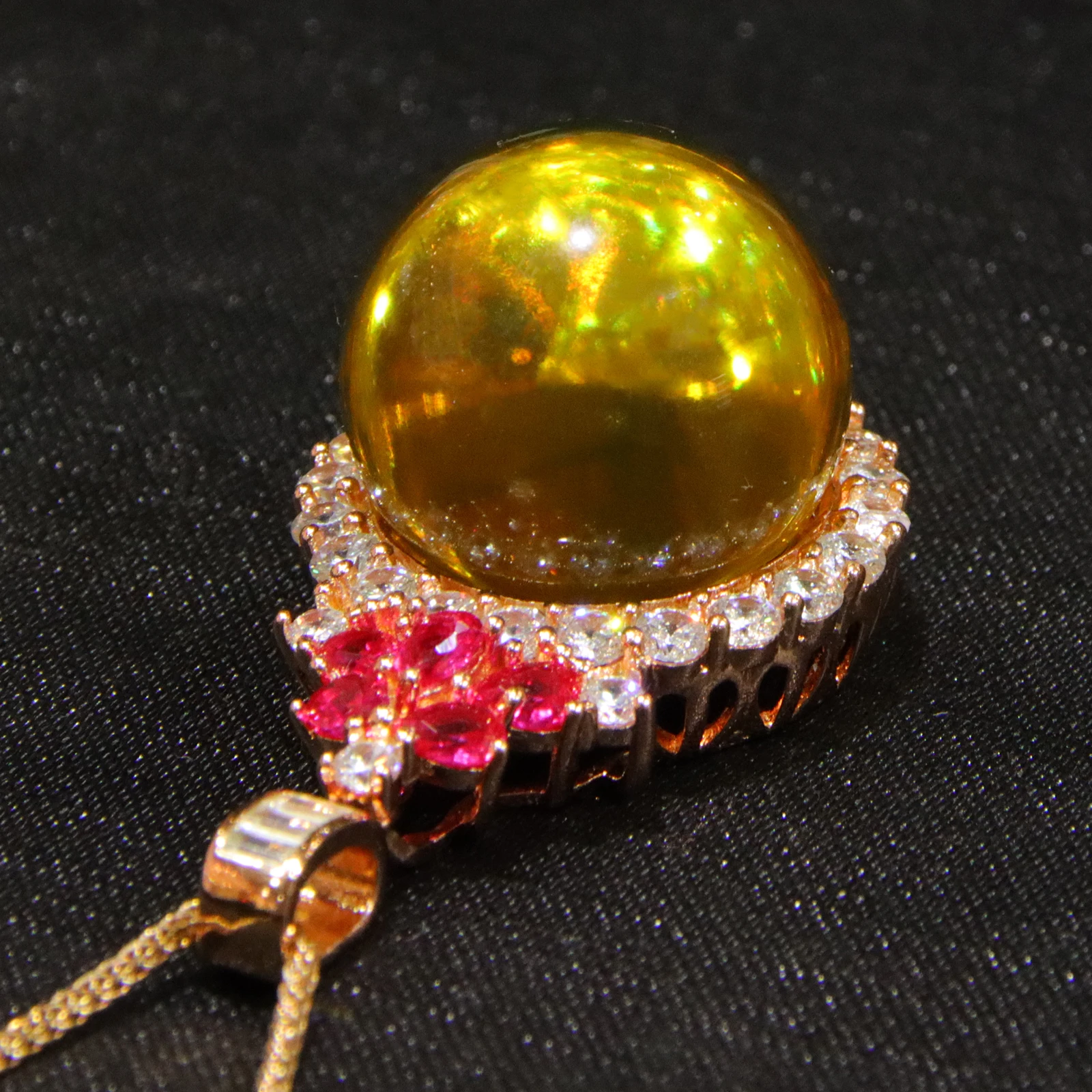 

Natural color change blue amber pendant 19mm with white zircon, rose gold plated silver floral necklace, perfect gift for women
