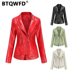 BTQWFD Female Clothing Jackets Women's Spring Autumn Winter Coats Leather Motorcycle Outwear Long Sleeve 2024 New Fashion Casual