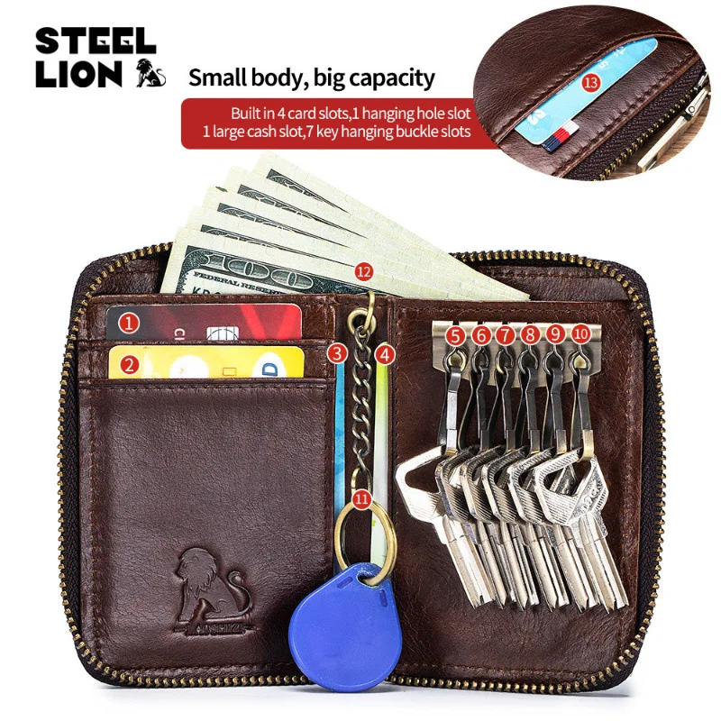 Leather car key bag men hanging waist access guard against theft brush cowhine-based 2-in-1 change storage key bag