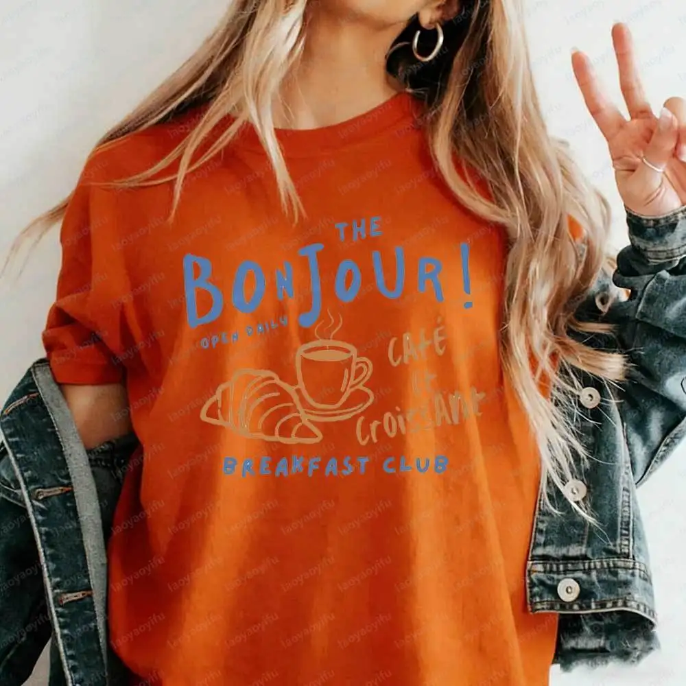 Women's Bonjour Cafe Et Croissant T-Shirt Breakfast Club French Graphic Cotton Tshirt Summer Aesthetic Parisian Food Lover Tops view 4
