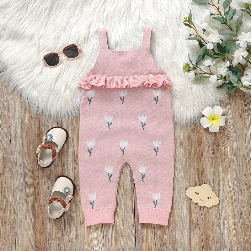 Girl Baby Rompers Knitted Newborn Kid Jumpsuit Sleeveless Infant Children Clothes Fashion Ruffles Pink Cute Tulip Sling Overalls