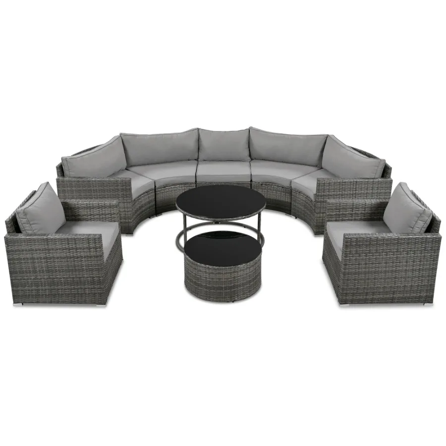 

GO 9Pieces Outdoor Halfmoon Patio Sofa Set Round Sofa Set Modern Style Sofa Gray Wicker