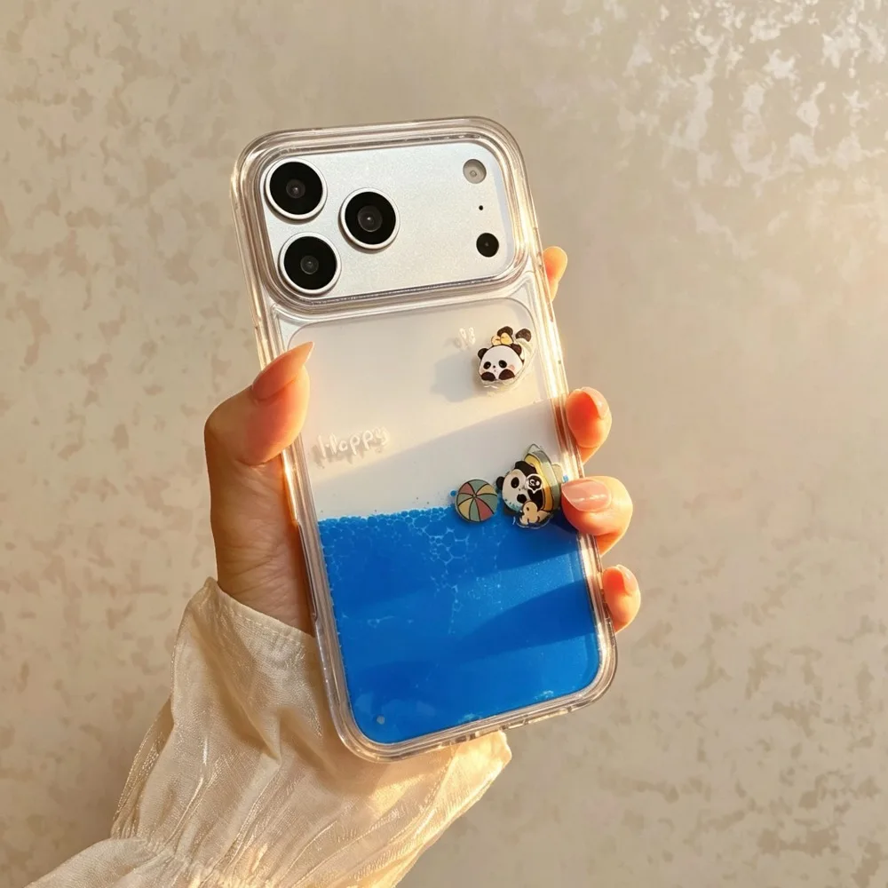 

Cute 3D Panda Liquid Quicksand Phone Case For iPhone 17 16 15 14 13 12 11 Pro Max Plus Blue Floating Sequins Shockproof Cover