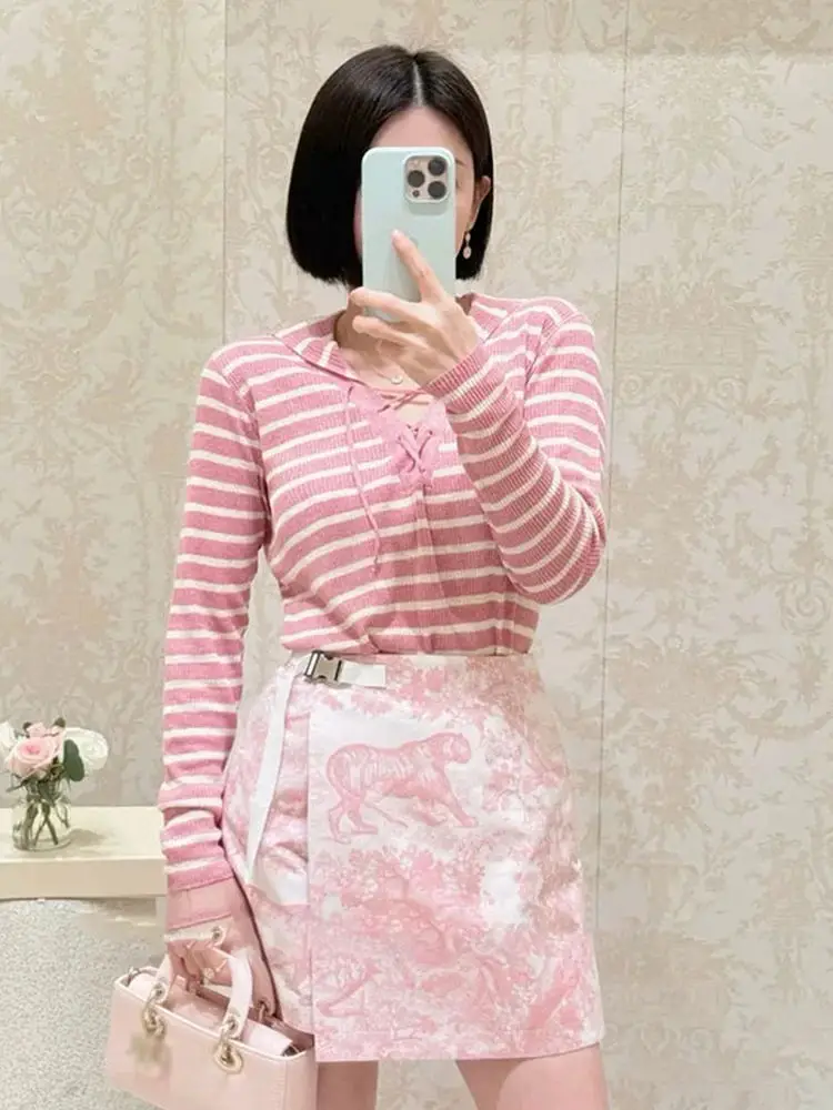 

Oyearex Women's Long Sve Knitted irt Naval Collar Letter Pattern Bow Tie Striped Street Sle Slim Fit Summer Top