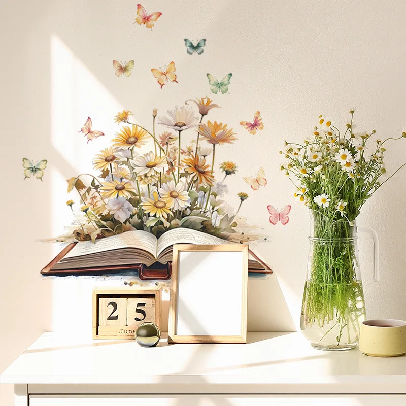 1pcs Beautiful Romantic Book Flowers Butterfly Bedroom Porch Home Decoration Wall Stickers Self-Adhesive