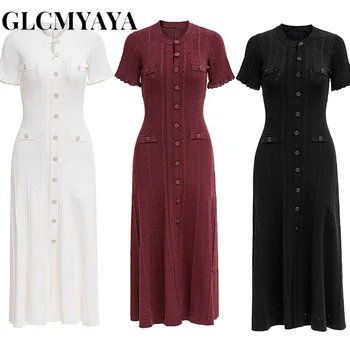 GLCMYAYA Women Single Breasted O-neck Short Sleeve Knit Ribbed Bodycon Midi Dress 2025 Vacation Sexy Party Club Vestidos Dresses 6
