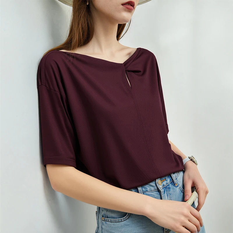 Amii Women's Cotton T-Shirt 2026 Summer New Versatile Flowy Loose Fit Tee Twist Boat Neck Short Sleeve Top For Women 12622044