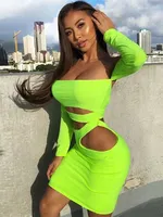 YUZHEXI Neon Green Off Shoulder Tight Robe for Women Sexy Nightclub Full Sleeve Hollow Out Party Skinny Mini Dresses Y2k Fit