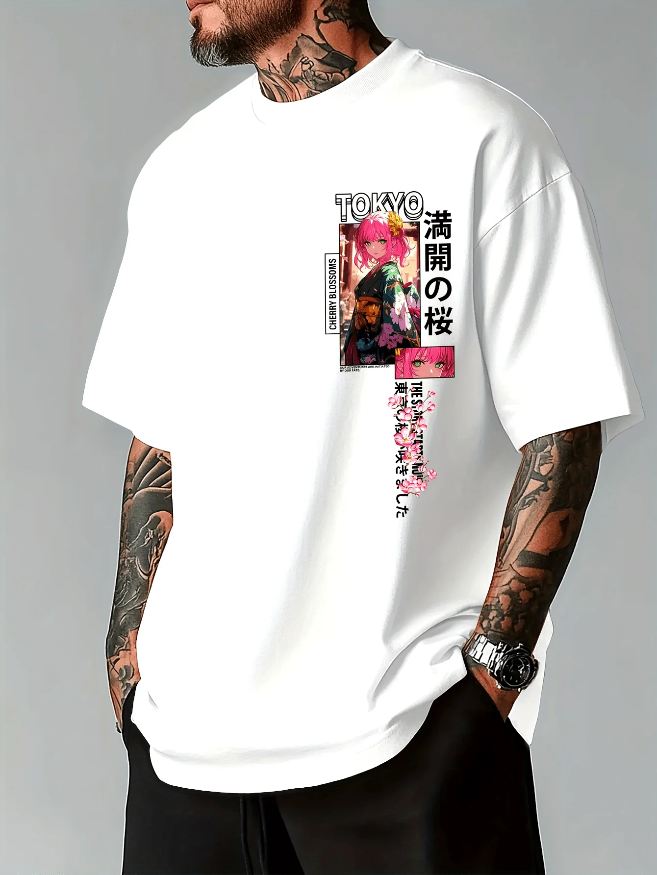 Herren-Sommer-T-Shirt mit Anime-Print, Rundhalsausschnitt, lässig, kurzärmelig, mit Kirschblütenmuster, japanischer Text, geeignet für den täglichen Gebrauch