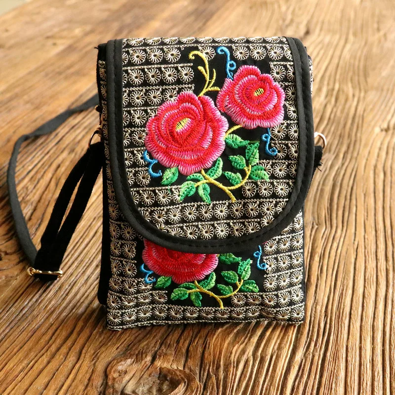 New ethnic style embroidered bag women\'s mobile phone bag clamshell canvas crossbody bag Double mobile phone bag purse