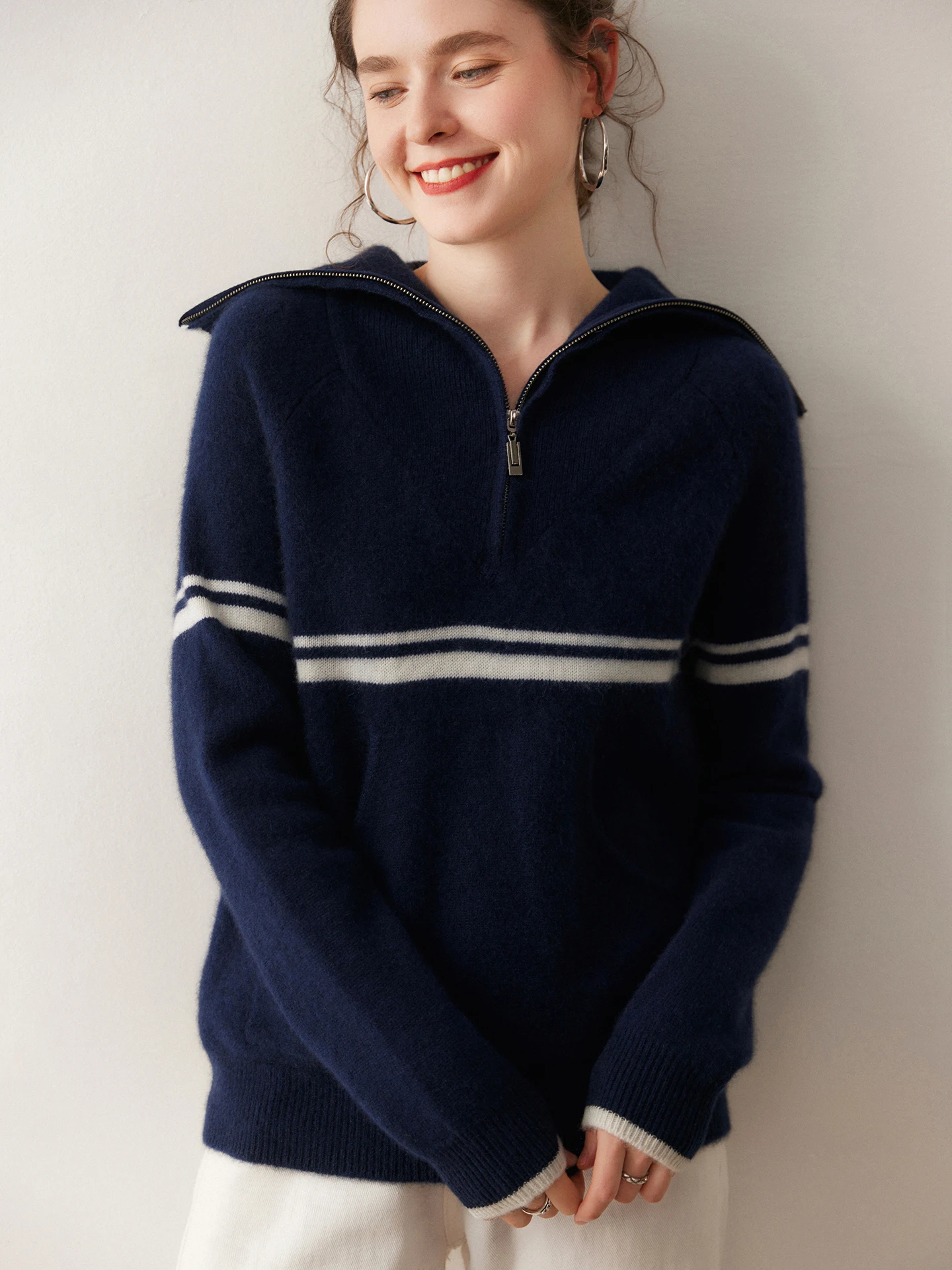 

TLOML женский 100% кашемировый свитер на молнии с матросским воротником, пуловер, кашемировый трикотаж, осень-зима, утепленные мягкие свободные повседневные топы