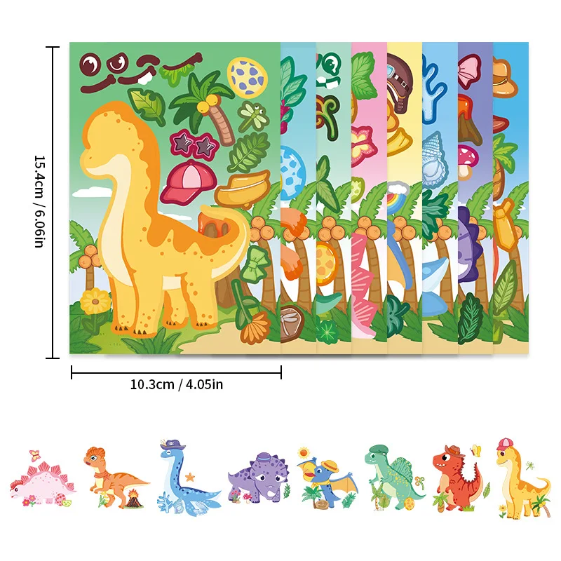 

8Sheets Make a Face Dinosaur Puzzle Stickers Cartoon Assemble Jigsaw Kids Toys Decoration Decals Party Games Boys Girls Gifts
