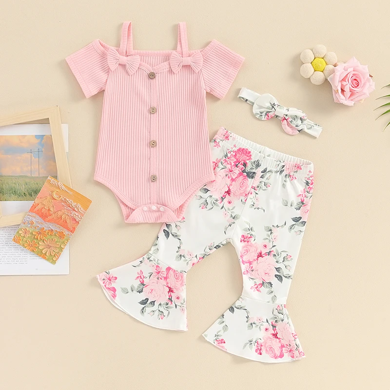 Lioraitiin Newborn Infant Baby Girl Outfits Short Sleeve Spaghetti Strap Bow Romper with Strawberry Print Flare Pants Headband