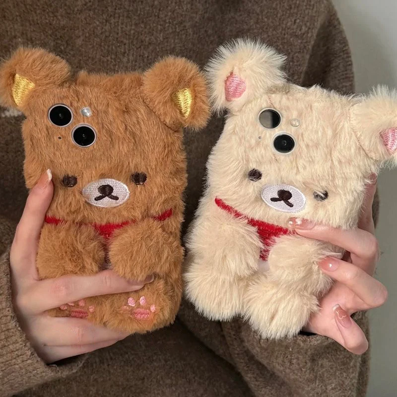 Luxury brown white bear Fluffy Fur phone case protection for iPhone 17 16 15 13 12 11 14 Pro Max XR 7 8 Plus Lovely Plush Coque
