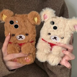 Luxury brown white bear Fluffy Fur phone case protection for iPhone 17 16 15 13 12 11 14 Pro Max XR 7 8 Plus Lovely Plush Coque